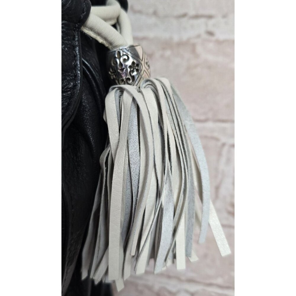 BRIGHTON GLORIETTA Black Leather White Tasseled Crossbody Bag Purse Organizer - Picture 9 of 16